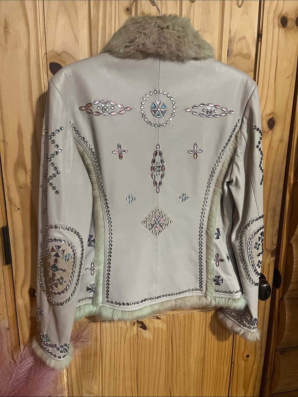 Cripple Creek Jewel Embellished Cream Fur-Trim Leather Jacket - Picture 7 of 10
